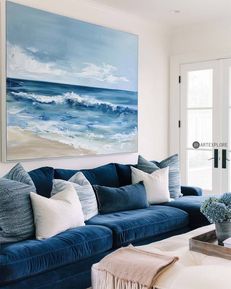 Original Abstract Blue And White Ocean Painting Tropical Beach Canvas Wall Art Large Modern Seascape Paintings 