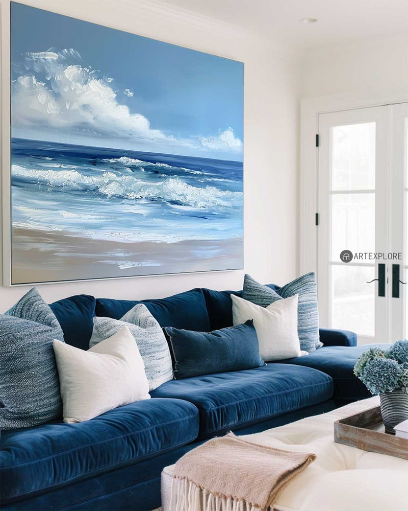 Large Abstract Blue Seaside Oil Painting Blue Acrylic Seascape Paintings Seascape Paintings On Canvas Custom Canvas Paintings