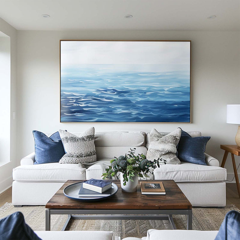 Large Blue Wave Art Oil Painting Horizontal Canvas Blue Ocean Paintings For Sale