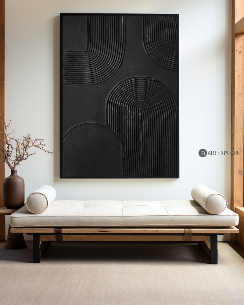 Large Minimalist Dark Style Art Black Painting,Modern Black Living Room Design,Original Black Art Hangings Paintings