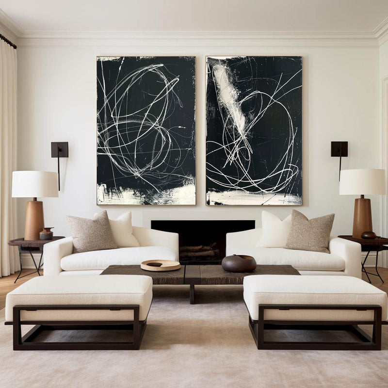 Modern Set Of 2 Black And White Abstract Wall Art Diptychs Black And White Abstract Brush Stroke Painting