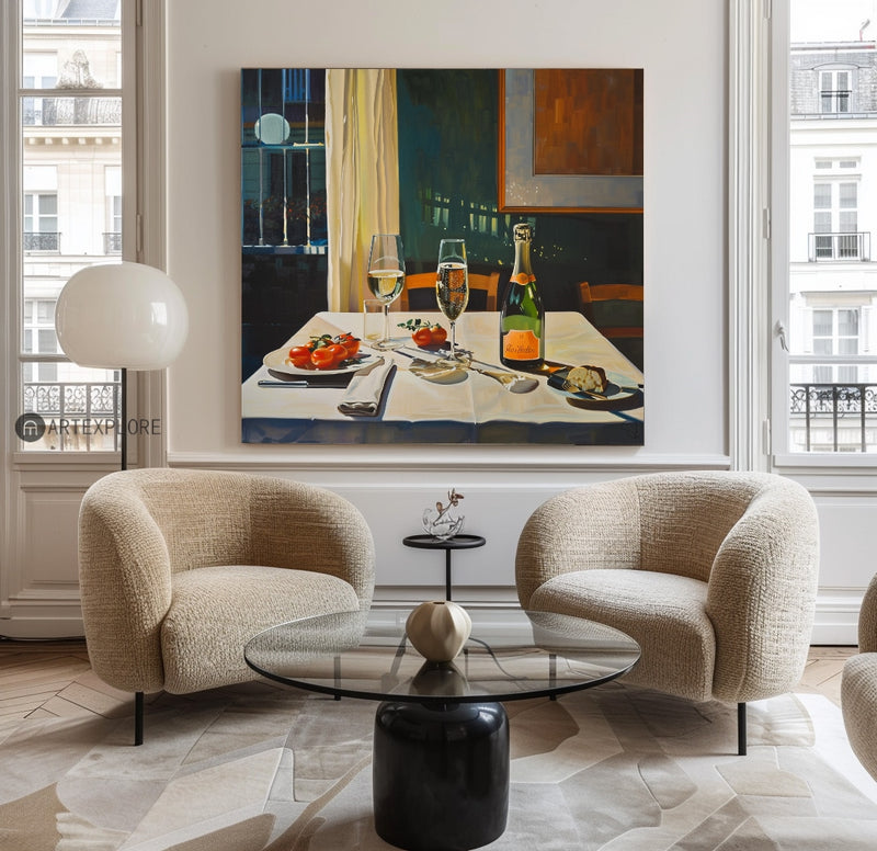 Modern Romantic Candlelight Dinner Canvas Wall Art Social Realism Mid Century Decorations