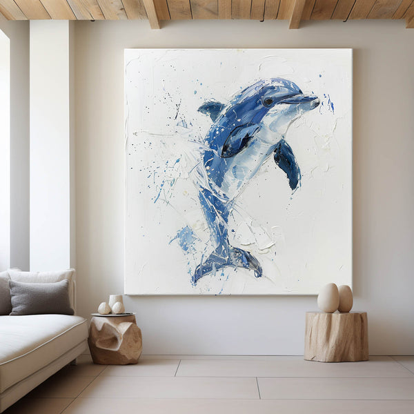 Large Original Abstract Blue Dolphin Oil Painting On Canvas Modern Animal Dolphin Art Wall Art Minimalist Apartment Baby Room Decor