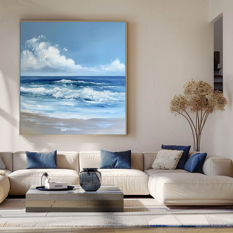 Large Abstract Blue Seaside Oil Painting Blue Acrylic Seascape Paintings Seascape Paintings On Canvas Custom Canvas Paintings