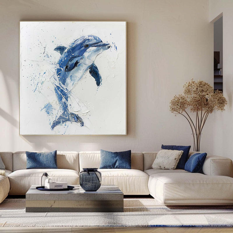 Large Original Abstract Blue Dolphin Oil Painting On Canvas Modern Animal Dolphin Art Wall Art Minimalist Apartment Baby Room Decor