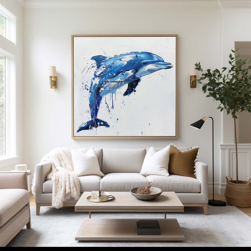 Big Blue And White Dolphin Wall Decor,Canvas Painting Of Dolphin,Cute Dolphin Painting,Blue Art Canvas For Living Room