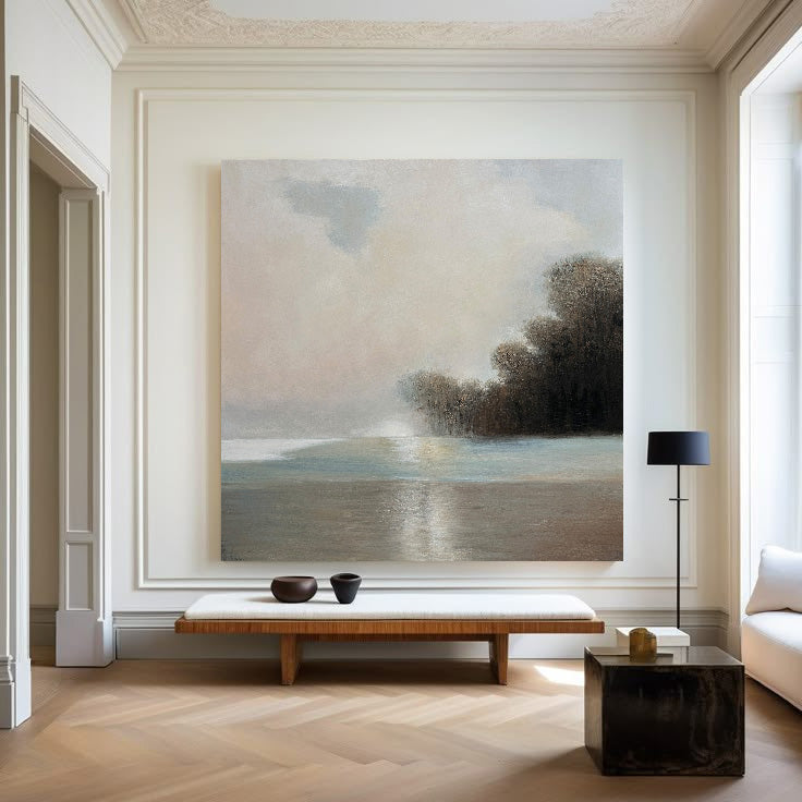 Lake View Painting Landscape Art Beige Landscape Canvas Art Lake Painting For Livingroom