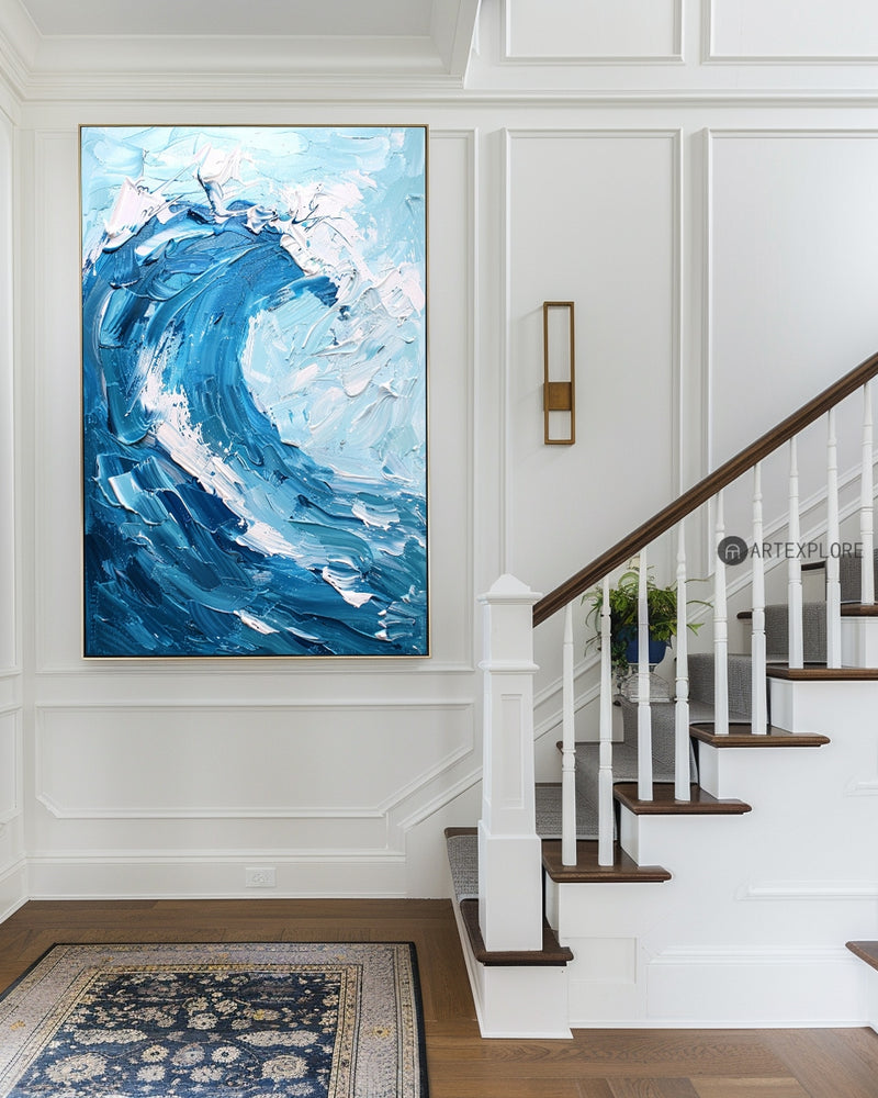 Modern Blue Ocean Wave Wall Art Paintings White Blue Surf Art Canvas Painting Unique Blue And Blue Wall Art 