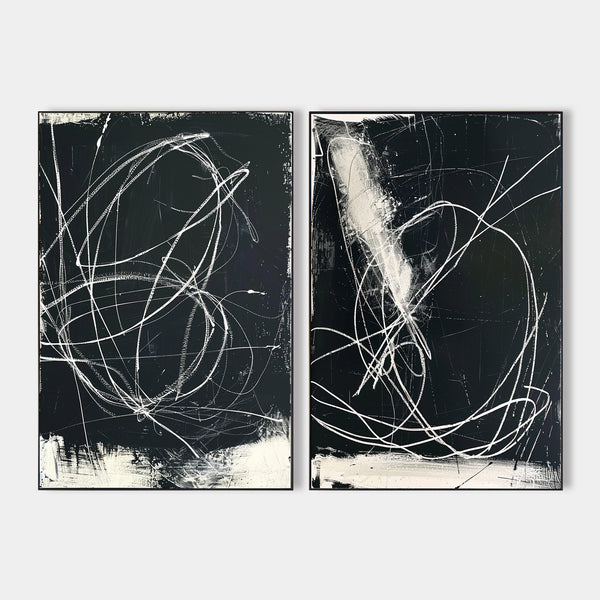 Modern Set Of 2 Black And White Abstract Wall Art Diptychs Black And White Abstract Brush Stroke Painting