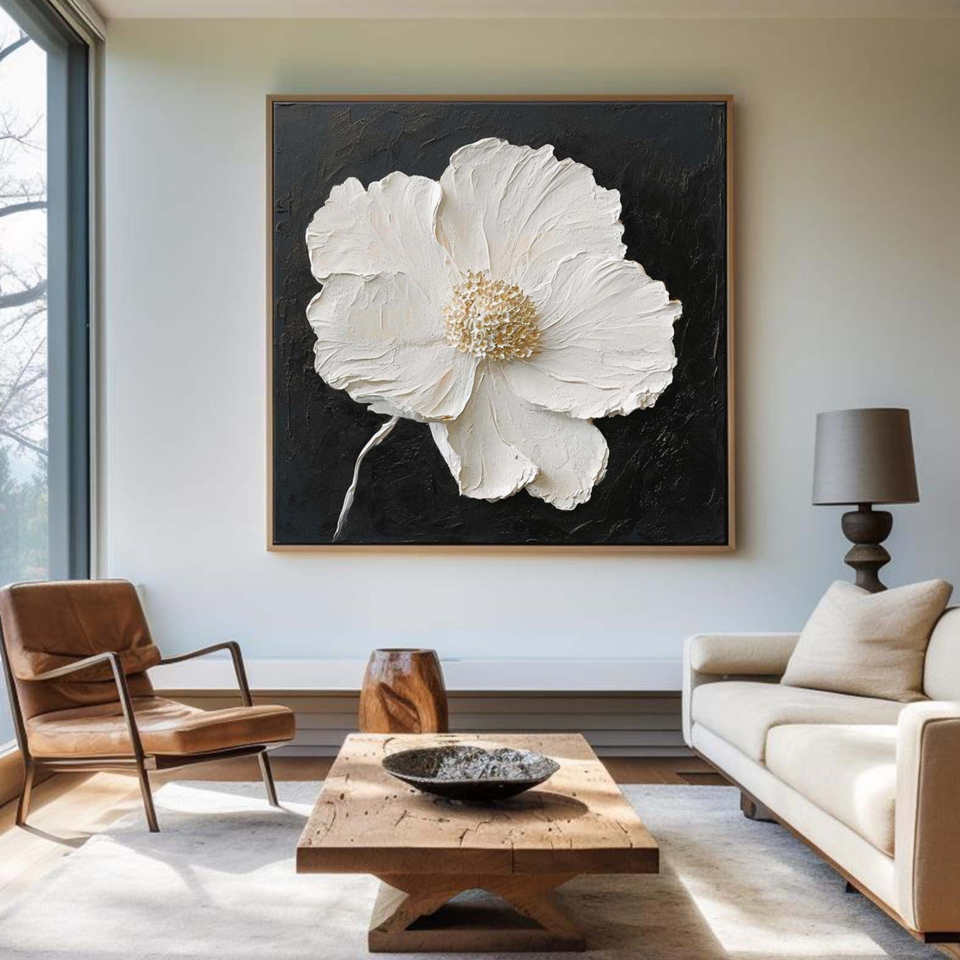 Black Floral, Plaster Sculpture on Canvas Board offers