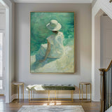 Large Woman's Portrait Oil Painting, Green Beautiful Girl Wall Art For Sale Impressionistic Painting