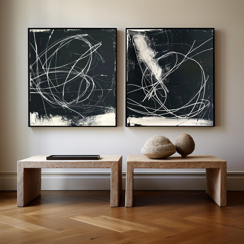 Modern Set Of 2 Black And White Abstract Wall Art Diptychs Black And White Abstract Brush Stroke Painting