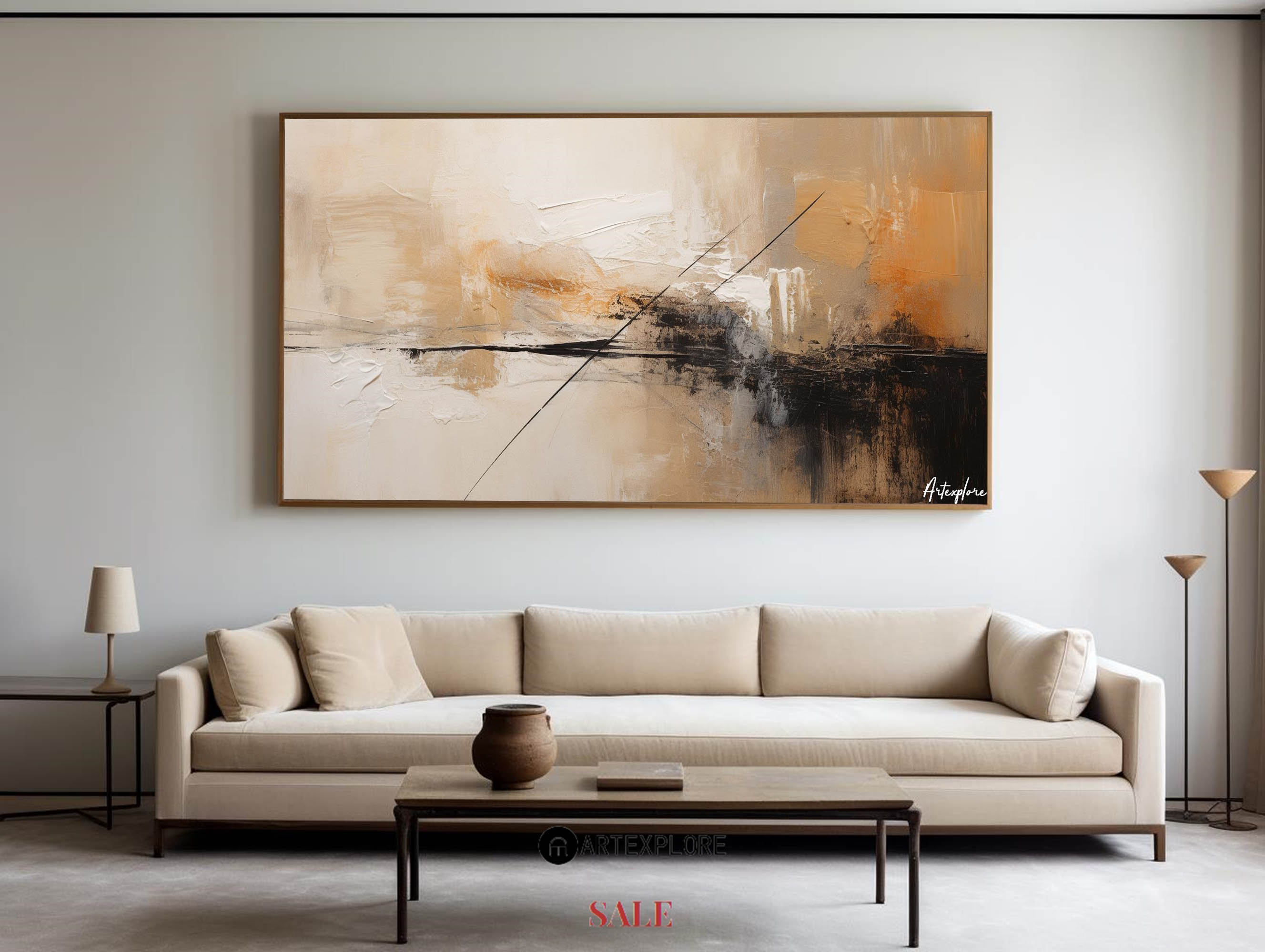 Large black and beige canvas paintings, thick textured abstract wall ...