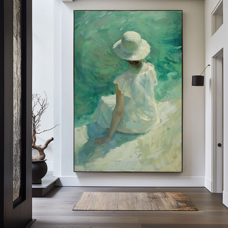 Large Woman's Portrait Oil Painting, Green Beautiful Girl Wall Art For Sale Impressionistic Painting