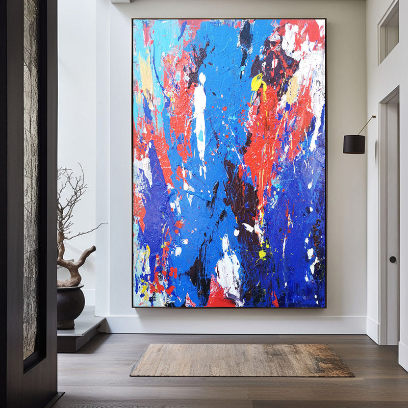 36 x 48 Vertical Multicolor Wall Painting Blue And Red Textured Abstract Art