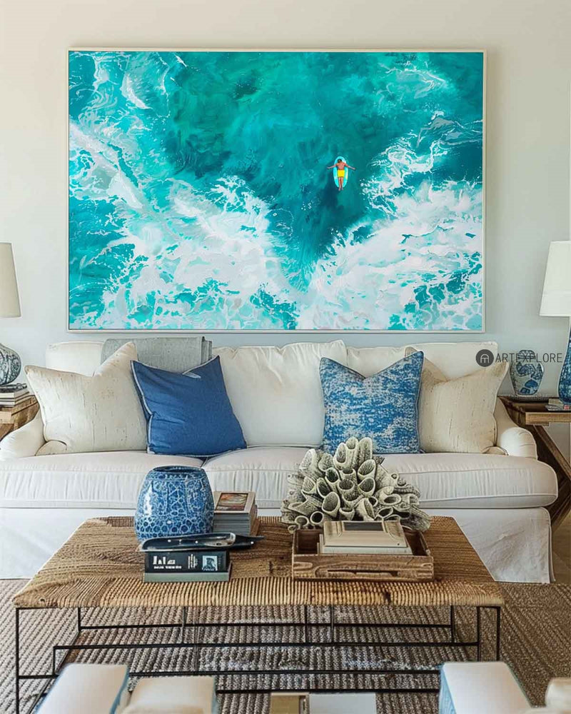 Large Modern Green Ocean Wall Art Floating Away In An Ocean Of Serenity Horizontal Canvas Serene Escapes: Ocean Adventures Paintings