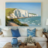 Beautiful White Cliff Oil Painting Oversize Horizontal Landscape Art Seaside Art on Canvas 