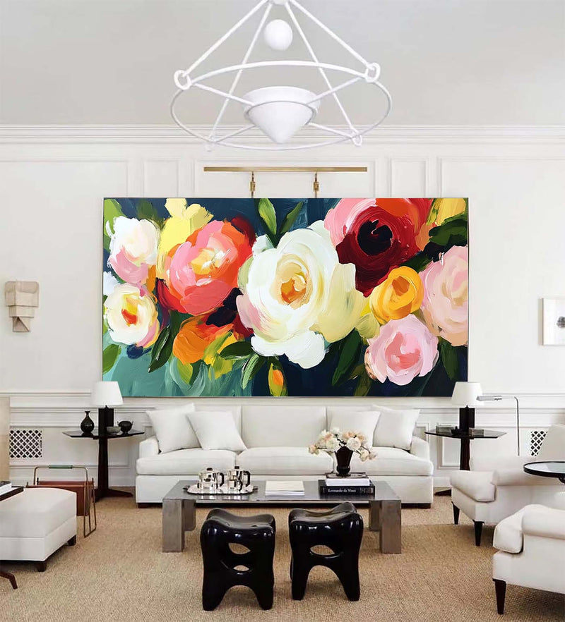 Large Colorful Flowers Textured Wall Art Bauhaus Painting Panoramic Canvas Wall Art For Livingroom