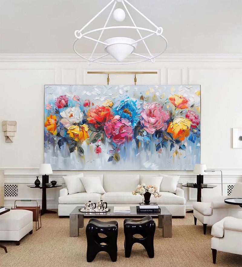 Large Colorful Flowers Wall Art Palette Knife Painting Modern Abstract Painting For Livingroom