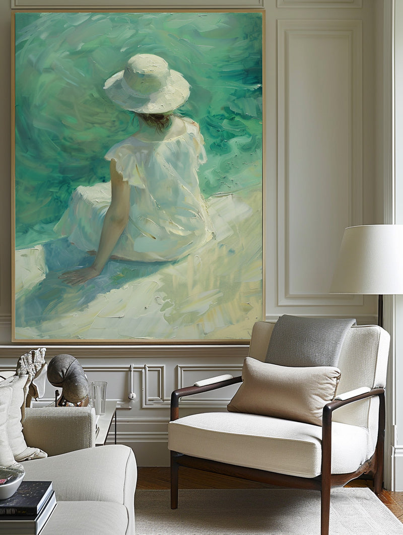 Large Woman's Portrait Oil Painting, Green Beautiful Girl Wall Art For Sale Impressionistic Painting