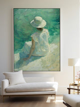 Large Woman's Portrait Oil Painting, Green Beautiful Girl Wall Art For Sale Impressionistic Painting