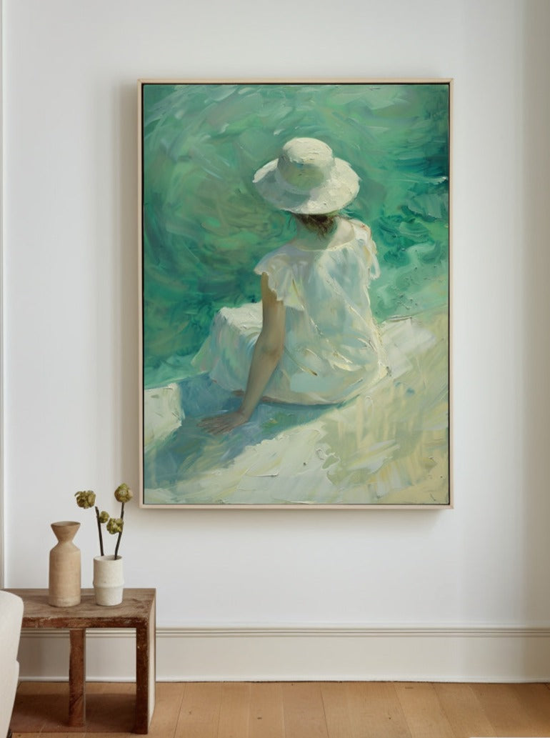 Large Woman's Portrait Oil Painting, Green Beautiful Girl Wall Art For Sale Impressionistic Painting