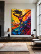 Modern Black Woman Dancing Painting, Beautiful Girl Wall Art Large Colorful Thick Texture Art