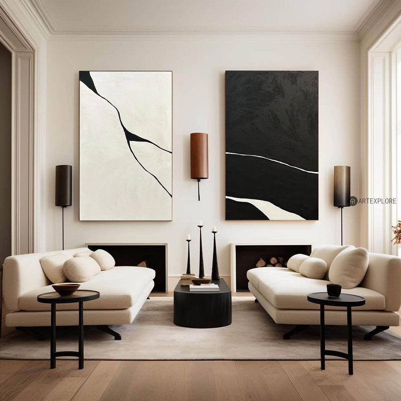 Modern Wabi-Sabi Beige And Black Abstract Art Set Of 2 Painting,Unique Beige And Black Abstract Wall Art,Large Beige Luxury Wall Art