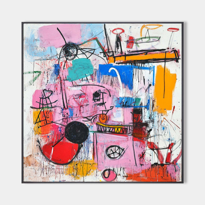 Modern Colorful Graffiti Paintings Basquiat Painting Square Handmade Wall Art For Sale