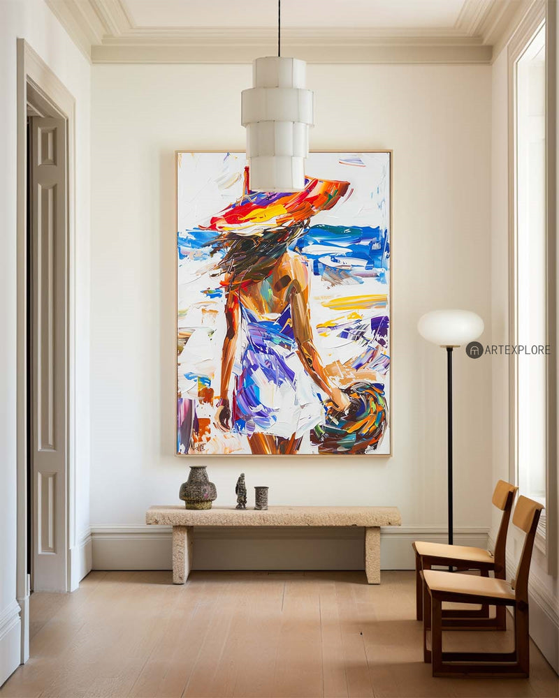 Original Abstract Woman In White Dress Oil Painting,Minimalist Colourful Apartment Decor,Beautiful Girl With A Hat