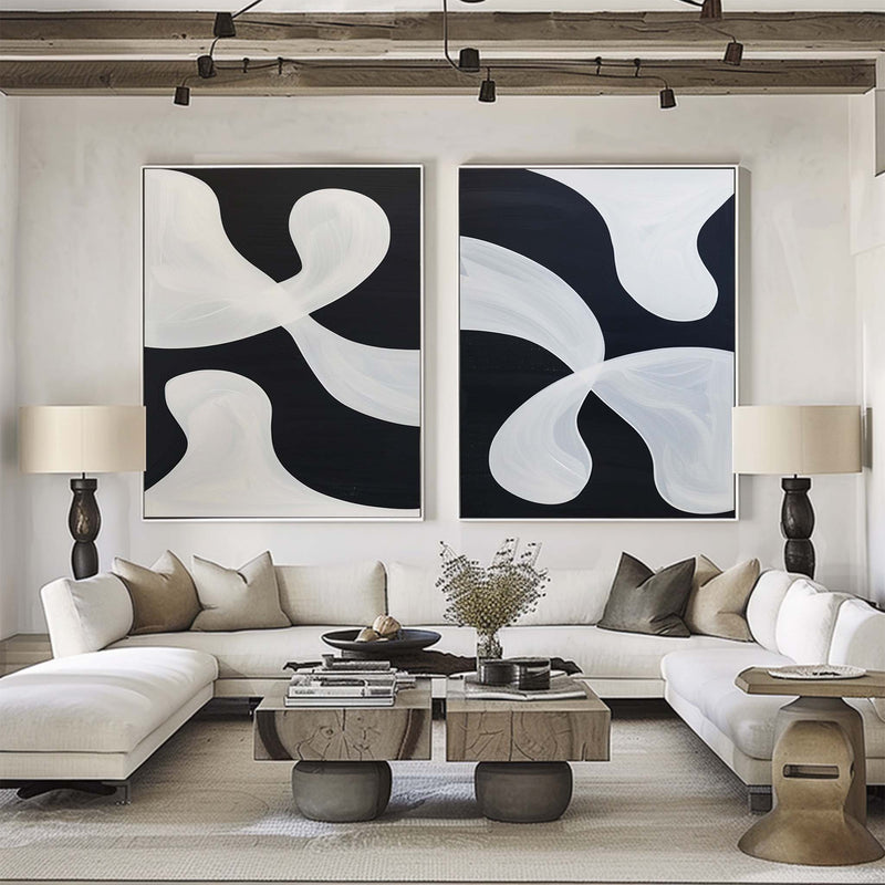 Large Black And White Modern Art Geometric Painting Black And White  2 Piece Wall Art Minimalist Apartment Decor