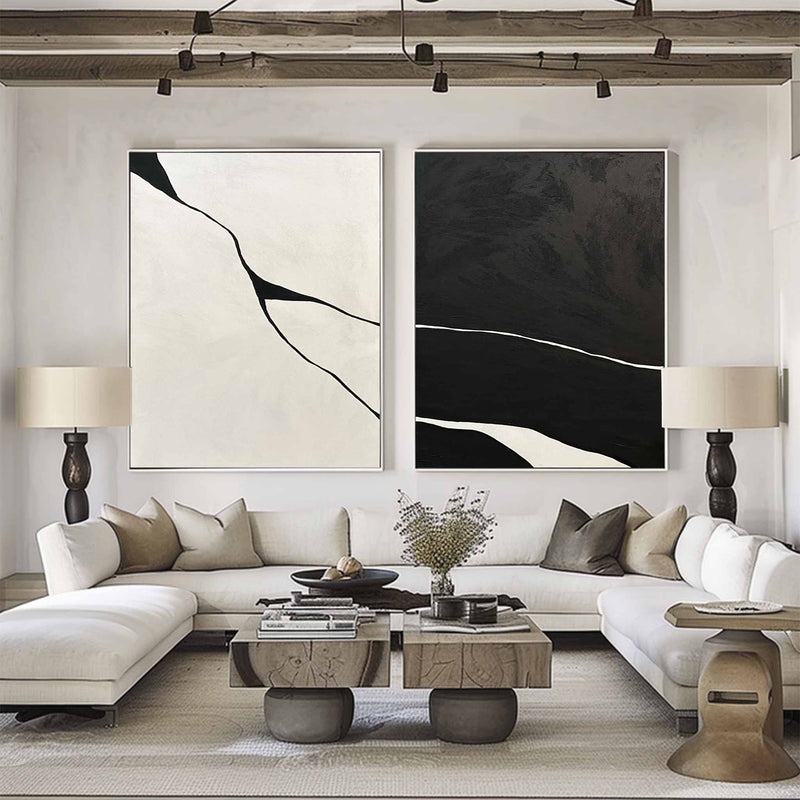 Modern Wabi-Sabi Black And White Artworks Set Of 2 Painting Unique Black And White Abstract Wall Art