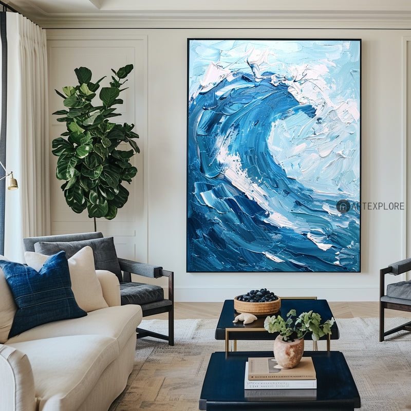 Modern Blue Ocean Wave Wall Art Paintings White Blue Surf Art Canvas Painting Unique Blue And Blue Wall Art 