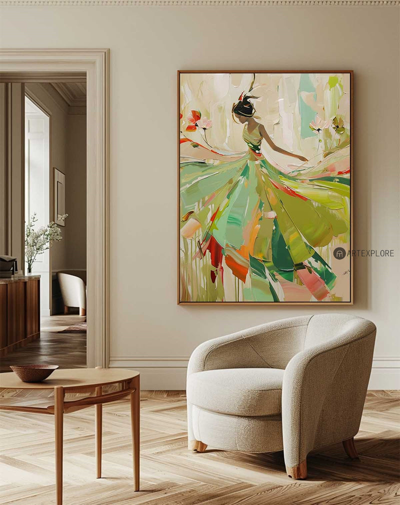 Abstract Wall Painting Art Of Dancing Girl ,African Girl Ballerina Dancing,Green Figure Decorative Painting