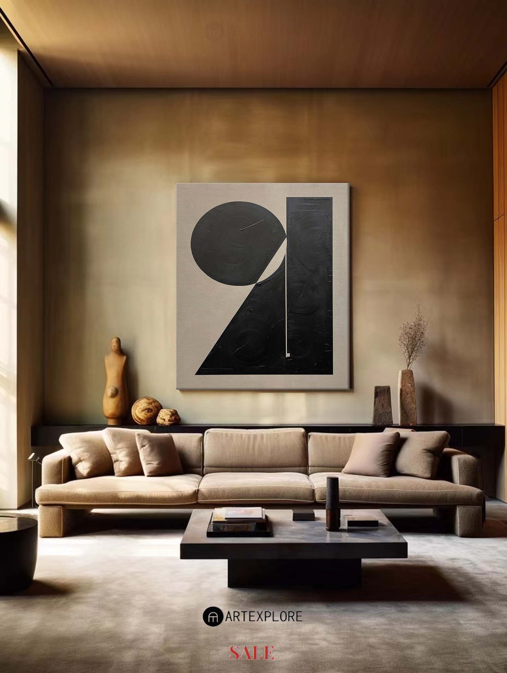 Modern Black Beige Abstract Painting Vintage Canvas Wall Art Black ...