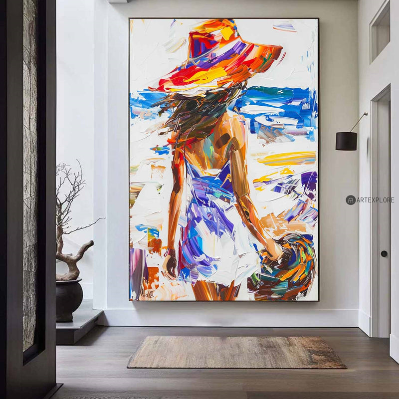 Original Abstract Woman In White Dress Oil Painting,Minimalist Colourful Apartment Decor,Beautiful Girl With A Hat