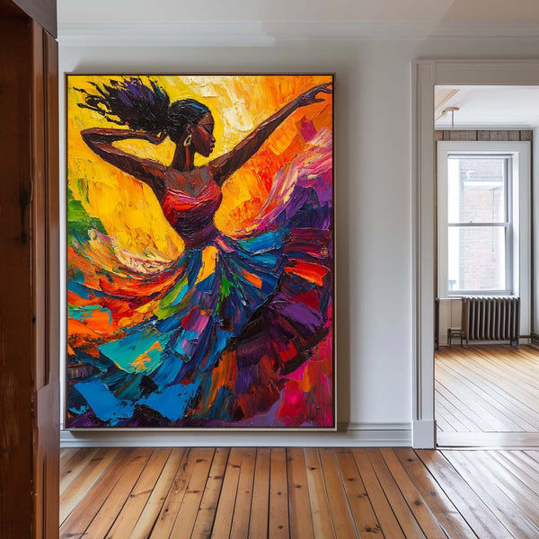 Modern Black Woman Dancing Painting, Beautiful Girl Wall Art Large Colorful Thick Texture Art