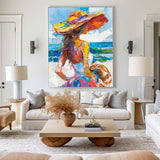 Girl On The Ocean Abstract Oil Painting, Joyful Woman At A Hawaiian Beach Art, Unique Colorful Art