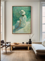 Large Woman's Portrait Oil Painting, Green Beautiful Girl Wall Art For Sale Impressionistic Painting