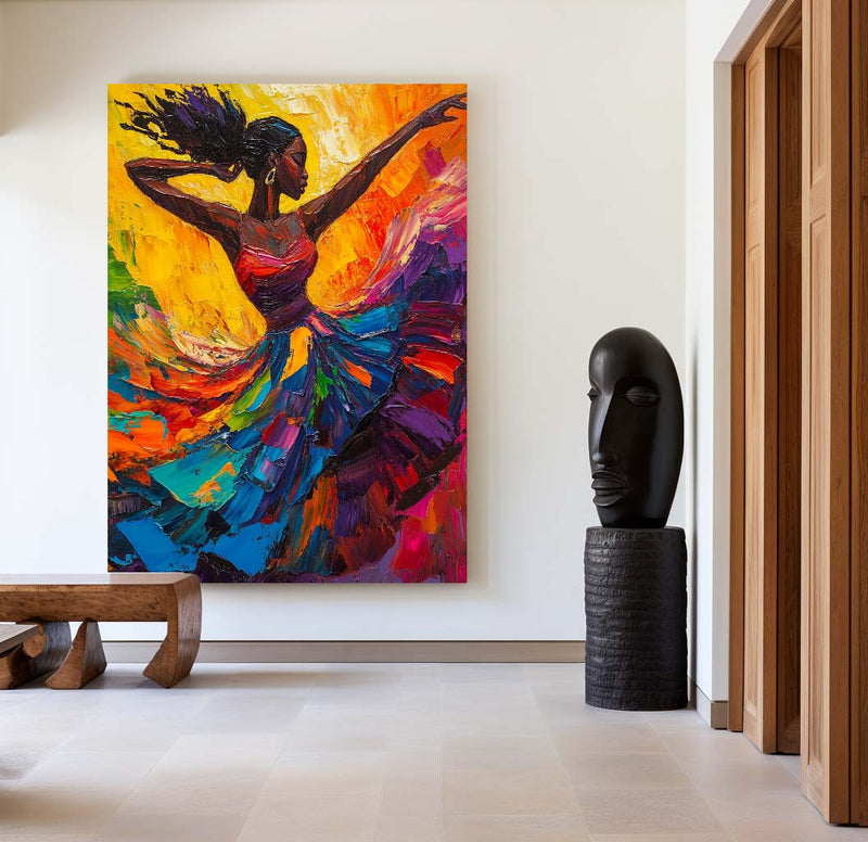 Modern Black Woman Dancing Painting, Beautiful Girl Wall Art Large Colorful Thick Texture Art