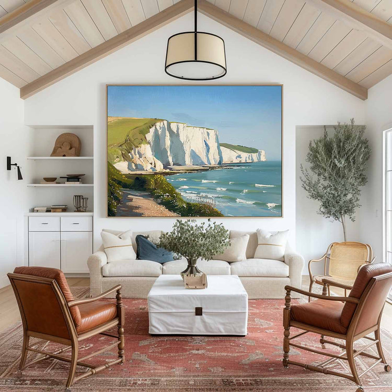 Beautiful White Cliff Oil Painting Oversize Horizontal Landscape Art Seaside Art on Canvas 