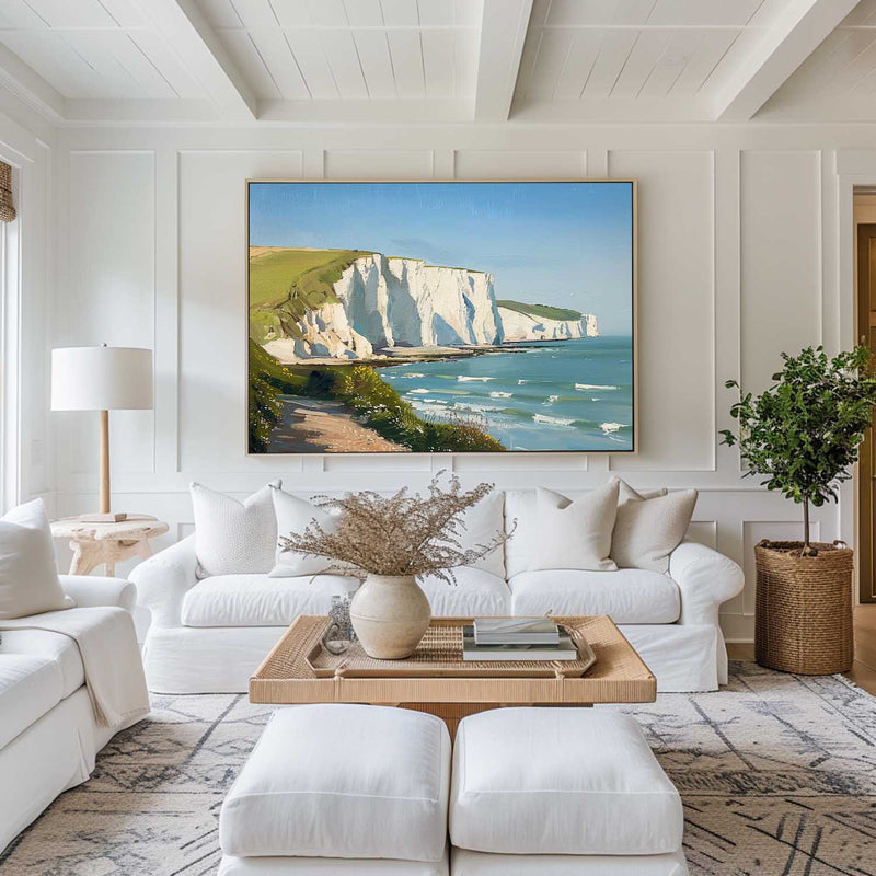 Beautiful White Cliff Oil Painting Oversize Horizontal Landscape Art Seaside Art on Canvas 