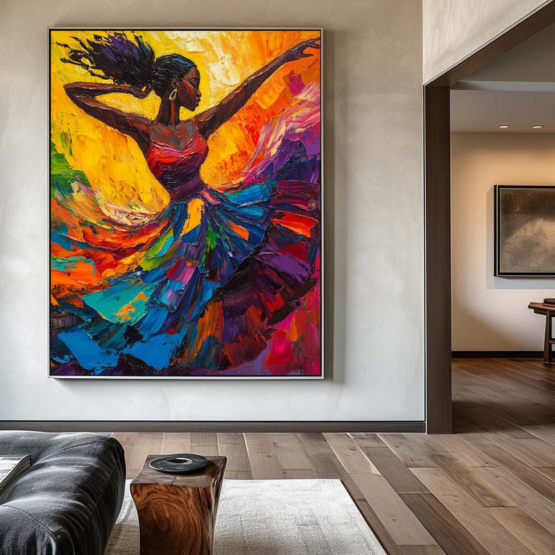 Modern Black Woman Dancing Painting, Beautiful Girl Wall Art Large Colorful Thick Texture Art