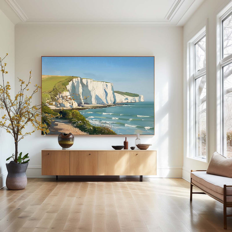 Beautiful White Cliff Oil Painting Oversize Horizontal Landscape Art Seaside Art on Canvas 