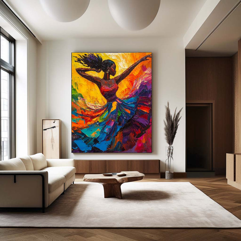 Modern Black Woman Dancing Painting, Beautiful Girl Wall Art Large Colorful Thick Texture Art