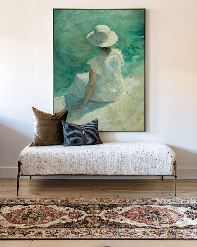 Large Woman's Portrait Oil Painting, Green Beautiful Girl Wall Art For Sale Impressionistic Painting