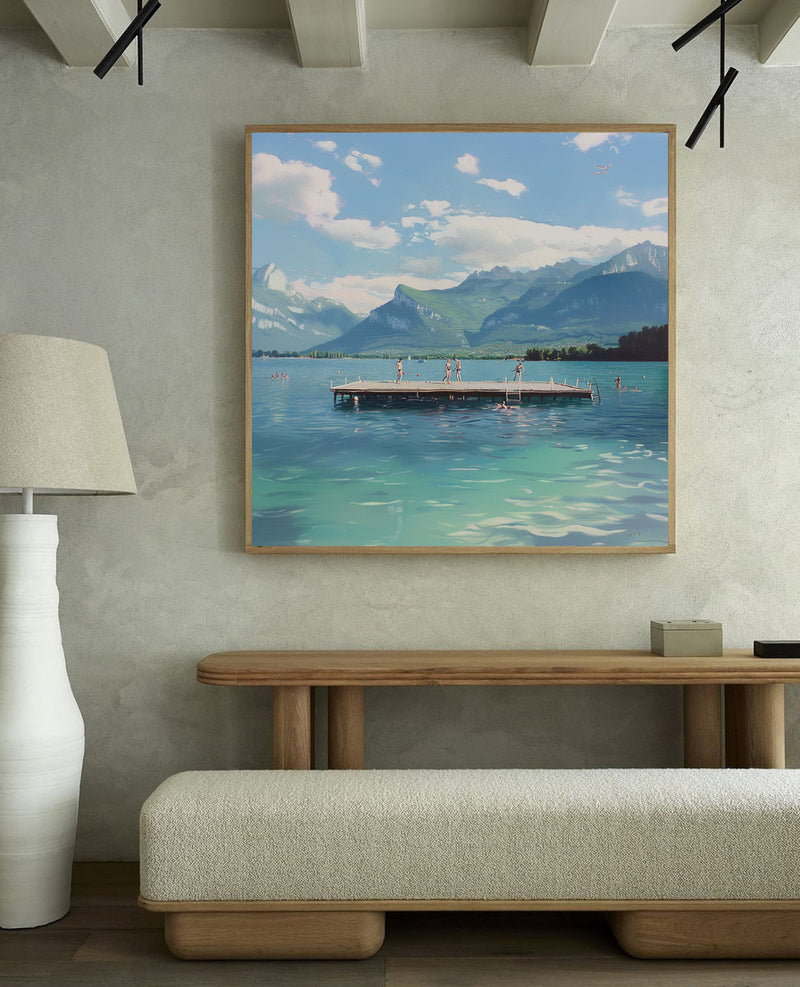 Modern Blue Lake Painting Canvas Art of Swimmers in the Blue Lake Original Hand Painted Acrylic Painting Art 