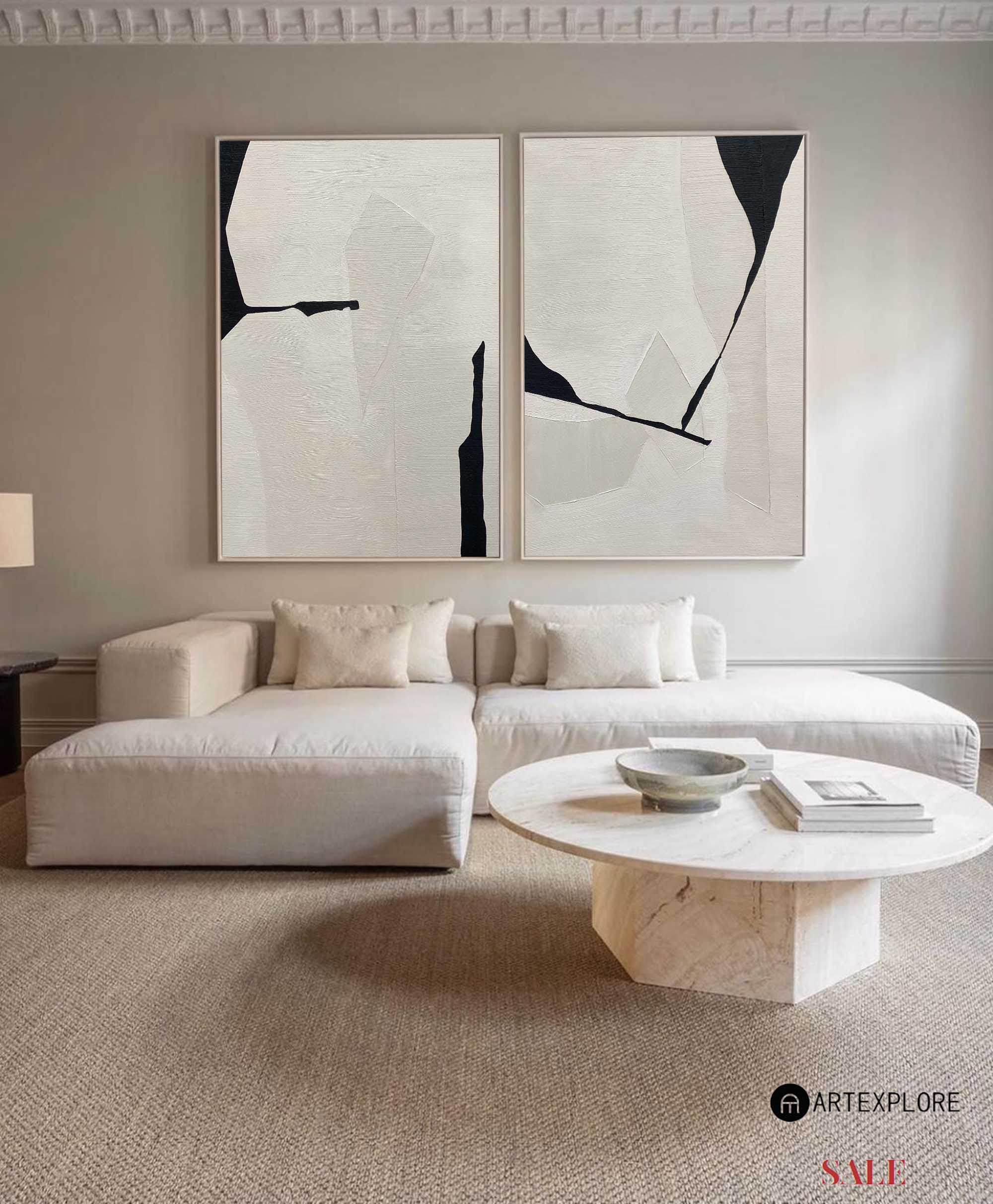 Wabi-Sabi Beige And Black Diptych Painting Set Of 2 Beige Minimalist ...