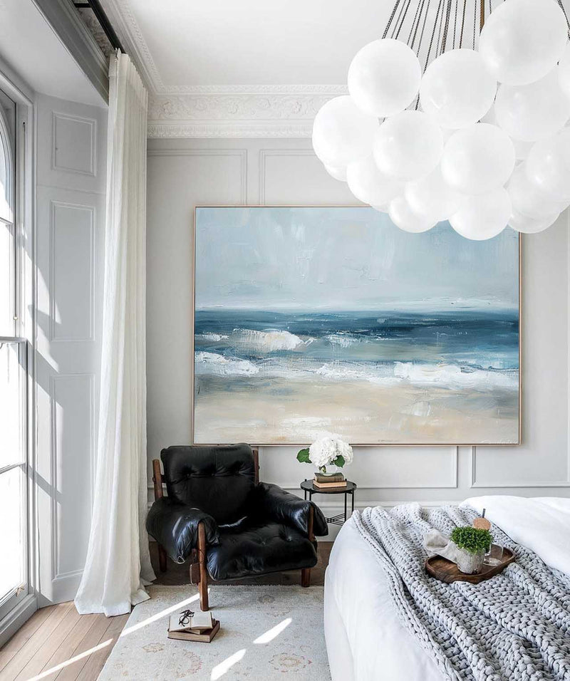 Large Abstract Blue Seascape Paintings On Canvas Modern Blue Textured Beach Canvas Wall Art Painting For Living Room Wall