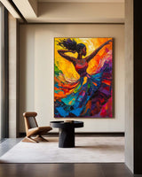 Modern Black Woman Dancing Painting, Beautiful Girl Wall Art Large Colorful Thick Texture Art